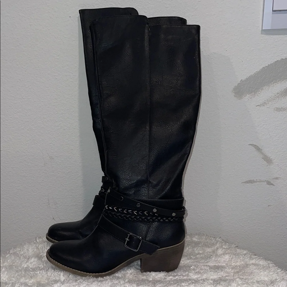 Black Knee-High Riding Boots with Buckle & Braided Strap